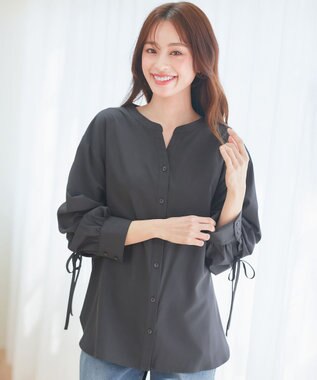 Tiaclasse 【洗える】ドロストギャザー袖シャツチュニック チャコールグレー