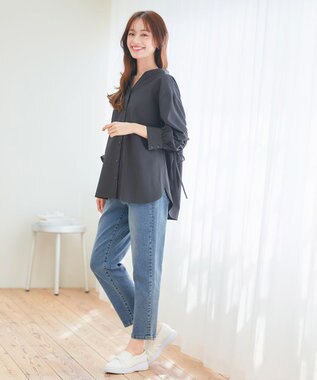 Tiaclasse 【洗える】ドロストギャザー袖シャツチュニック チャコールグレー