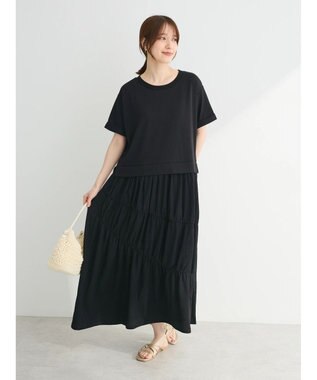 Green Parks カットソー異素材ドッキングワンピース Black