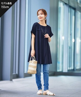 Tiaclasse L 【洗える】シアーコンビチュニックブラウス ネイビー