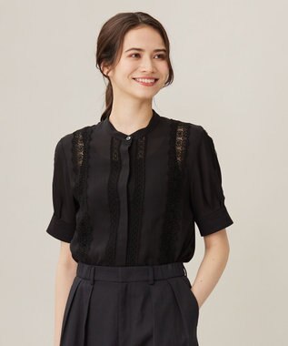 自由区 【洗える】キュプラコットンツイル半袖シャツ ブラウス ブラック