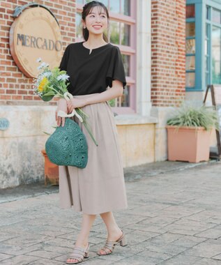 Tiaclasse 【新色追加・選べる丈】麻調タックフレアスカート 膝丈グレージュ