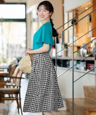 Tiaclasse 【新色追加・選べる丈】麻調タックフレアスカート 膝丈ブラックチェック