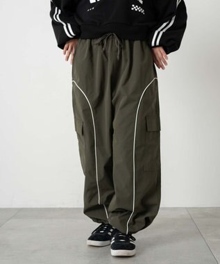 WEGO 【ユニセックス着用ITEM/ウエストゴム】イージーパイピングカーゴパンツ カーキ