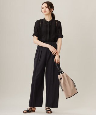 自由区 【洗える】キュプラコットンツイル半袖シャツ ブラウス ブラック