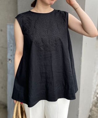 UNFILO 【撥水】レーヨン麻ライト刺繍ブラウス ブラック系