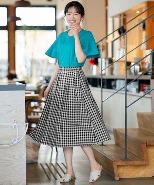 Tiaclasse 【新色追加・選べる丈】麻調タックフレアスカート 膝丈ブラックチェック