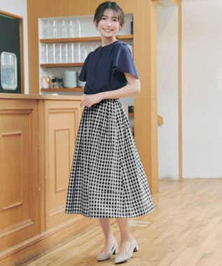 Tiaclasse 【新色追加・選べる丈】麻調タックフレアスカート ミモレ丈ブラックチェック