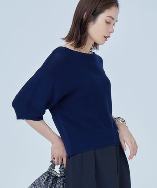 組曲 S 【WEB限定】コットンポリエステル5分袖リラクシー ニット ネイビー系