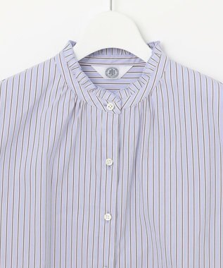 J.PRESS LADIES L 【洗える】BEZ ストライプ フリルネック ブラウス サックスブルー系1