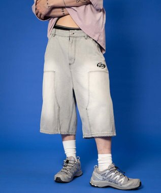 WEGO 【ユニセックス着用ITEM】ダブルニーロゴデニムショーツ グレー