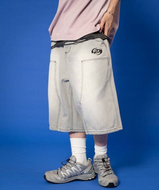 WEGO 【ユニセックス着用ITEM】ダブルニーロゴデニムショーツ グレー