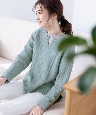 Tiaclasse 【洗える】アラン柄キーネックニットトップス ミント