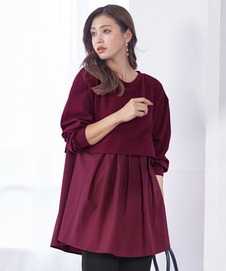 Tiaclasse 【洗える】重ね着風チュニックプルオーバー ボルドー