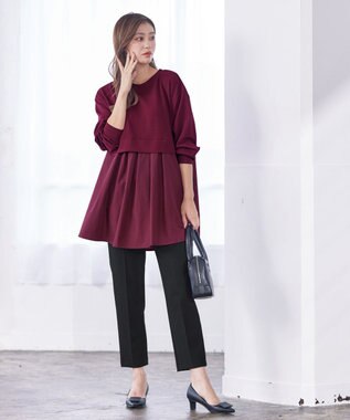 Tiaclasse 【洗える】重ね着風チュニックプルオーバー ボルドー