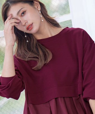 Tiaclasse 【洗える】重ね着風チュニックプルオーバー ボルドー