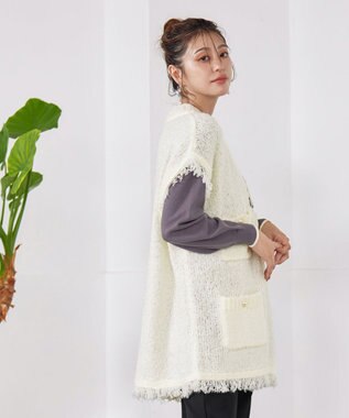Tiaclasse 【洗える】ツイード見えフリンジニットベスト オフホワイト