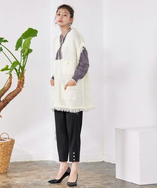 Tiaclasse 【洗える】ツイード見えフリンジニットベスト オフホワイト