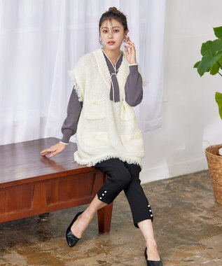 Tiaclasse 【洗える】ツイード見えフリンジニットベスト オフホワイト