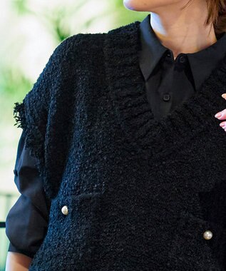 Tiaclasse 【洗える】ツイード見えフリンジニットベスト ブラック