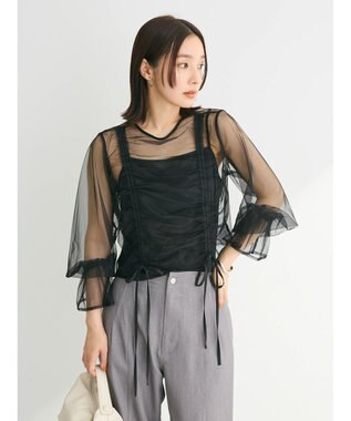 Green Parks ・ＥＬＥＮＣＡＲＥ　ＤＵＥ　チュールギャザーブラウス Black