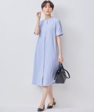 組曲 【WEB限定】サッカーストレッチ バンドカラーワンピース サックスブルー系