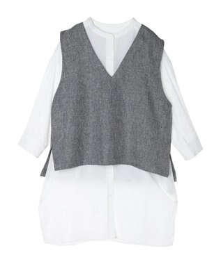 Green Parks ＳＥＴ２点Ｖネックベスト＋７分袖ミディシャツワンピース Gray Mixture