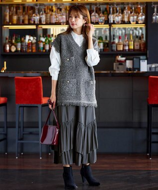 Tiaclasse 【洗える】ツイード見えフリンジニットベスト チャコールグレー