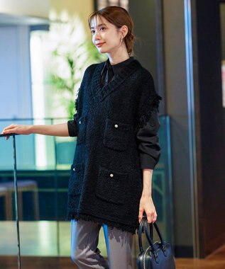 Tiaclasse 【洗える】ツイード見えフリンジニットベスト ブラック