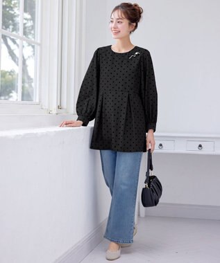 Tiaclasse L 【洗える】フロッキードットチュニック ブラック