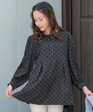 Tiaclasse L 【洗える】フロッキードットチュニック チャコールグレー