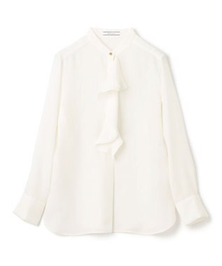 BEIGE， 【洗える】STOW / バンドカラーフリルブラウス Ecru