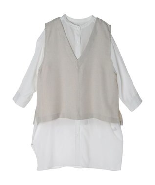 Green Parks ＳＥＴ２点Ｖネックベスト＋７分袖ミディシャツワンピース Beige