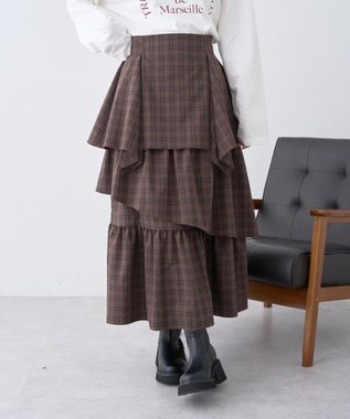 earth music&ecology ハイウエストランダムティアードチェックスカート Check Brown