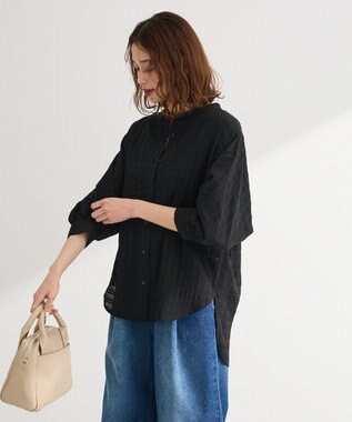 Green Parks シアーチェック７分袖シャツ Black