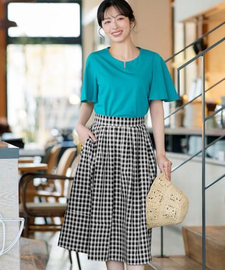 Tiaclasse 【新色追加・選べる丈】麻調タックフレアスカート 膝丈ブラックチェック