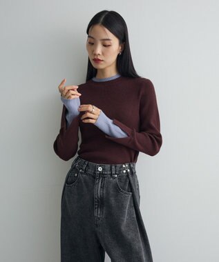 Green Parks ダブルカフスモックネック配色ニット Brown