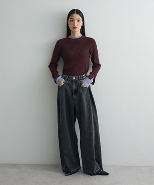 Green Parks ダブルカフスモックネック配色ニット Brown