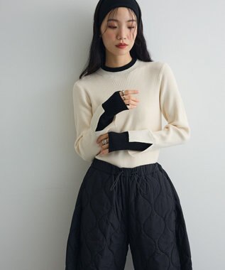 Green Parks ダブルカフスモックネック配色ニット Ivory
