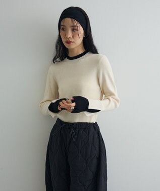 Green Parks ダブルカフスモックネック配色ニット Ivory