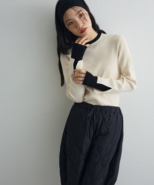 Green Parks ダブルカフスモックネック配色ニット Ivory