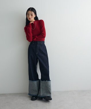 Green Parks ダブルカフスモックネック配色ニット Red