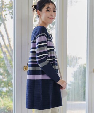 Tiaclasse 【洗える】マルチボーダーニットチュニック ネイビー