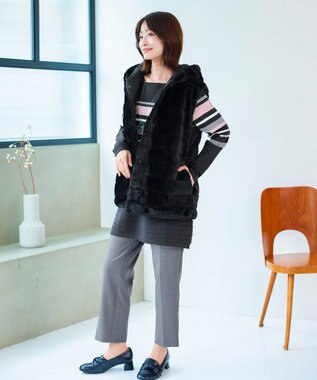 Tiaclasse 【洗える】マルチボーダーニットチュニック チャコールグレー