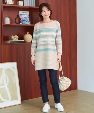 Tiaclasse 【洗える】マルチボーダーニットチュニック ベージュ