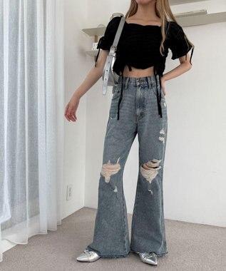 WEGO ダメージフレアデニムパンツ デニム中濃加工色