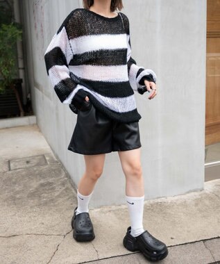 WEGO ボーダーモヘアタッチメッシュニットプルオーバー ホワイト