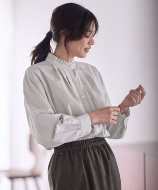 ANY スタンドネックブラウス グレーピンストライプ