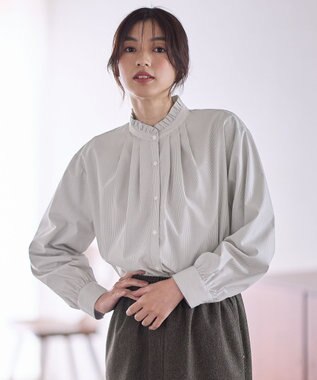 ANY スタンドネックブラウス グレーピンストライプ