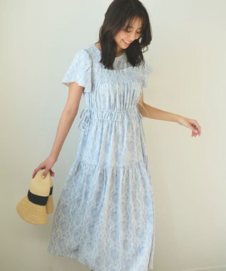 Feroux 【洗える】フラワープリントドロスト ワンピース スカイブルー系3